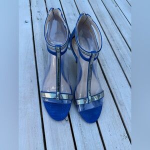 Vince Camuto Blue and Silver Snakeskin Print Heels w/Ankle Strap